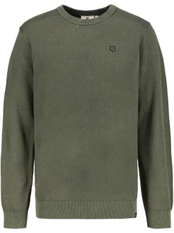 Pull en coton kaki uni avec une coupe droite et un col rond en bord côte