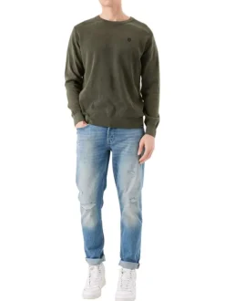 Pull en coton kaki uni avec une coupe droite et un col rond en bord côte