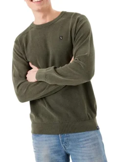 Pull en coton kaki uni avec une coupe droite et un col rond en bord côte