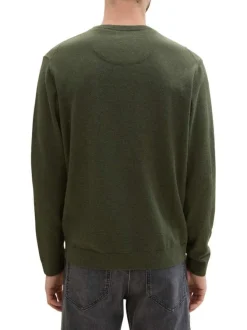 Pull en coton kaki uni avec une coupe droite un col rond et logo brodé