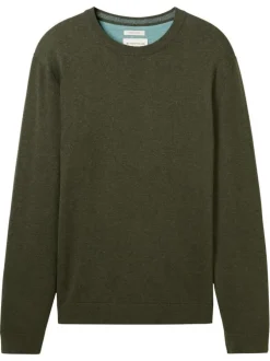 Pull en coton kaki uni avec une coupe droite un col rond et logo brodé