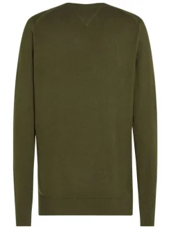 Pull en coton kaki uni avec une coupe droite un col rond et un logo brodé