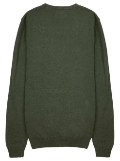Pull en coton kaki uni à col v avec le nom de la marque en petit