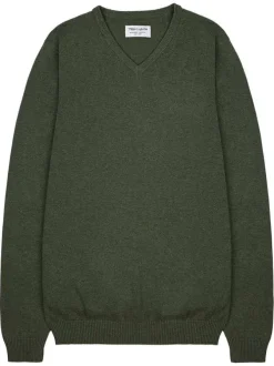 Pull en coton kaki uni à col v avec le nom de la marque en petit