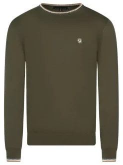 Pull en coton kaki uni coupe ajustée et un logo en relief sur la poitrine