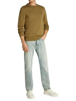 Pull en coton kaki uni en maille avec une coupe ajustée et un col rond