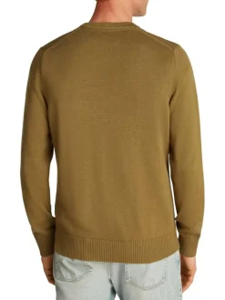 Pull en coton kaki uni en maille avec une coupe ajustée et un col rond
