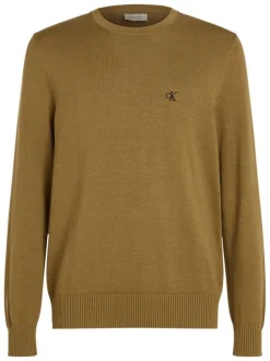 Pull en coton kaki uni en maille avec une coupe ajustée et un col rond