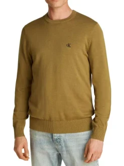 Pull en coton kaki uni en maille avec une coupe ajustée et un col rond