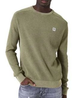 Pull en coton kaki uni en maille tricotée avec patch de la marque