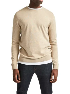 Pull en coton maille piquée beige avec une coupe droite et col rond