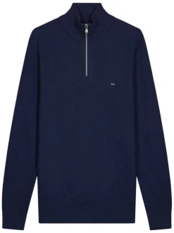 Pull en coton marine avec un col camionneur et des manches longues
