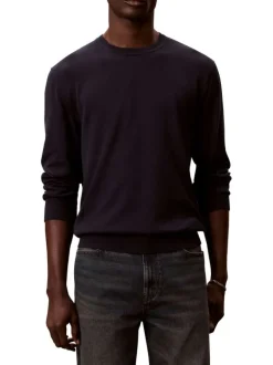 Pull en coton marine à coupe ajustée pourvu d'un col rond côtelé