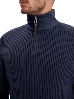 Pull en coton marine en maille côtelée pourvu d'un col camionneur zippé