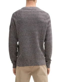 Pull en coton marine moucheté droit à col rond en mailles zigzag