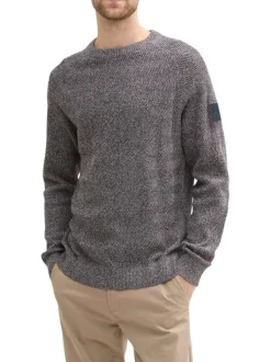 Pull en coton marine moucheté droit à col rond en mailles zigzag