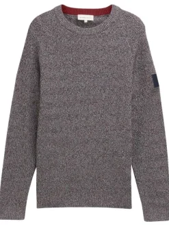 Pull en coton marine moucheté droit à col rond en mailles zigzag