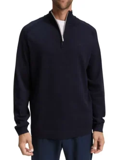 Pull en coton marine uni avec un col camionneur côtelé à zip