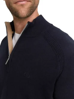Pull en coton marine uni avec un col camionneur côtelé à zip