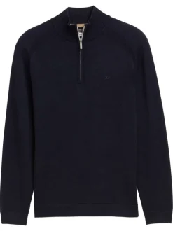 Pull en coton marine uni avec un col camionneur côtelé à zip