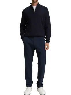 Pull en coton marine uni avec un col camionneur côtelé à zip