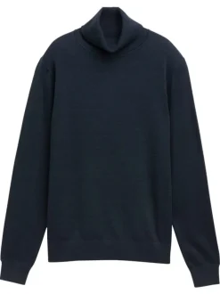 Pull en coton marine uni avec un col roulé et des manches longues