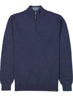 Pull en coton marine uni avec un col zippé et des manches longues
