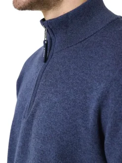 Pull en coton marine uni avec un col zippé et des manches longues