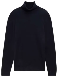 Pull en coton marine uni avec une coupe droite et col roulé en côtes