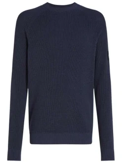 Pull en coton marine uni avec une coupe droite et logo de la marque