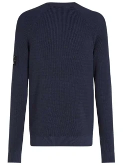 Pull en coton marine uni avec une coupe droite et logo de la marque