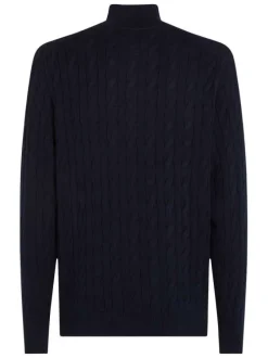 Pull en coton marine uni avec une coupe droite et un col camionneur boutonné