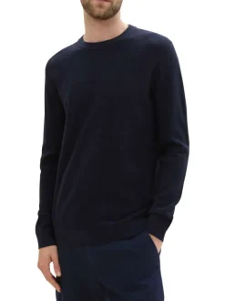 Pull en coton marine uni avec une coupe droite et un col rond