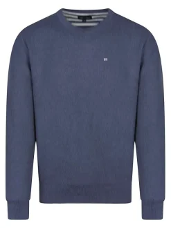 Pull en coton marine uni avec une coupe droite et un col rond