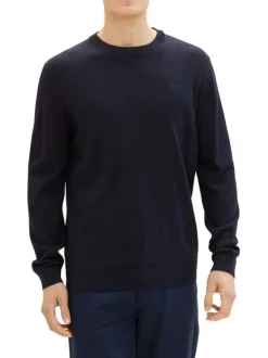 Pull en coton marine uni avec une coupe droite et un col rond