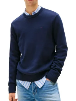 Pull en coton marine uni avec une coupe droite et un col rond