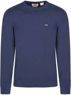 Pull en coton marine uni avec une coupe droite et un col rond