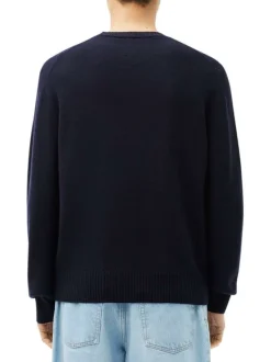 Pull en coton marine uni avec une coupe droite un col rond et à logo brodé