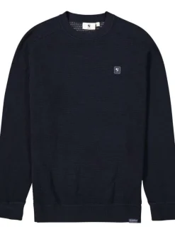 Pull en coton marine uni avec une coupe droite un col rond et un logo cousu