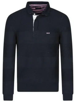 Pull en coton marine uni coupe ajustée col polo avec des boutons de fermeture