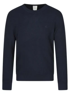 Pull en coton marine uni coupe ajustée col rond maille effet gaufré