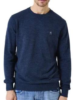 Pull en coton marine uni à coupe droite avec patch de la marque
