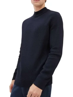 Pull en coton marine uni coupe droite avec un col montant et maille gaufrée