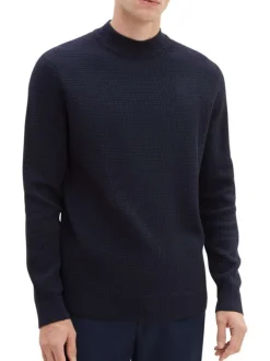 Pull en coton marine uni coupe droite avec un col montant et maille gaufrée