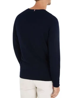 Pull en coton marine uni en maille croisée avec une coupe droite et un col rond