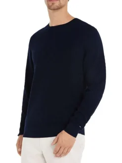 Pull en coton marine uni en maille croisée avec une coupe droite et un col rond