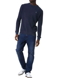 Pull en coton marine uni en maille tricotée avec patch de la marque