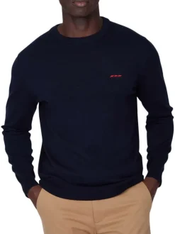 Pull en coton marine uni pourvu d'un col rond et de manches longues