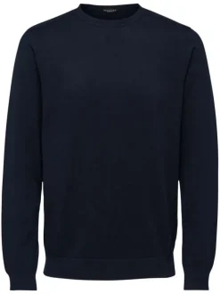 Pull en coton marine uni pourvu d'une coupe droite et d'un col rond