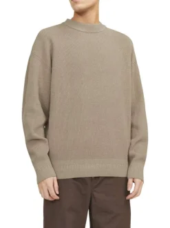 Pull en coton mélangé beige en maille piquée à coupe droite et à col montant
